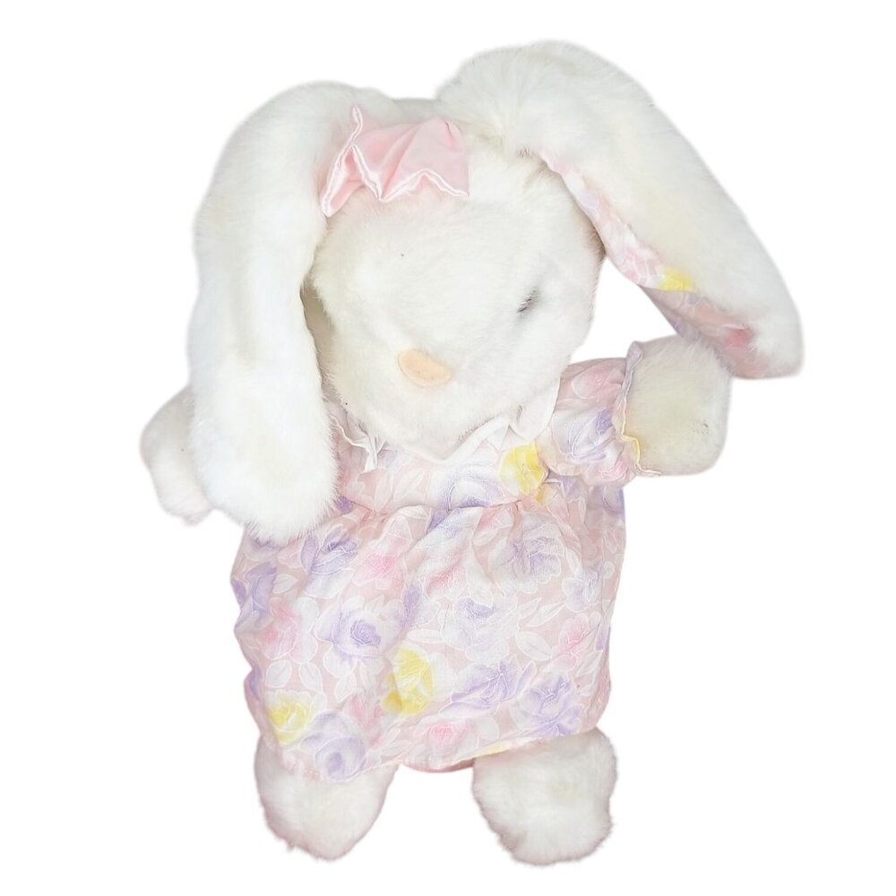 Vintage‎ Prestige White Bunny Rabbit Pastel Cabbage Rose Stuffed Plush 10”